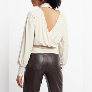 Express Matte jersey mock neck blouson open back top Sand M